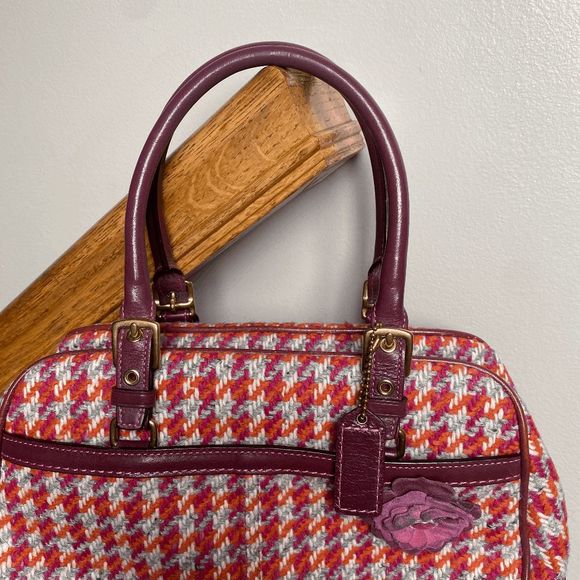 Coach Hamptons 8F47 Houndstooth Tweed Suede Handbag Satchel Shoulder Rare Flower - Picture 6 of 9